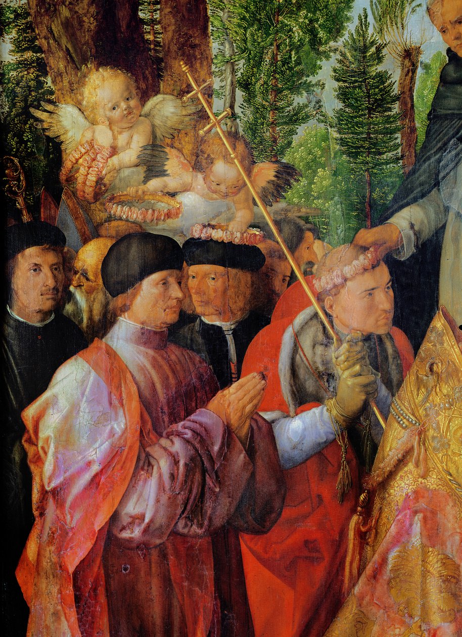 Gül Bahçeleri Festivali, soldaki detay: dua, 1506 (tahta üzerine yağlı boya) by Albrecht Dürer
