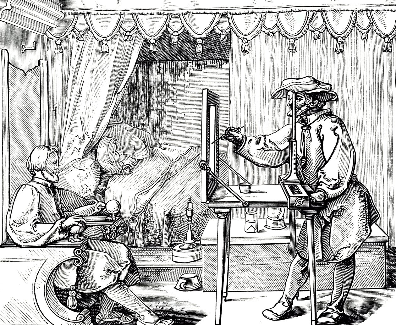 Bir portrenin orantılarını doğru bir şekilde elde etmek için bir çizim yardımı kullanan bir sanatçıyı betimleyen gravür. Alman ressam, matbaacı ve Rönesans teorisyeni Albrecht Dürer (1471-1528) tarafından yapılan gravür by Albrecht (after) Durer or Duerer