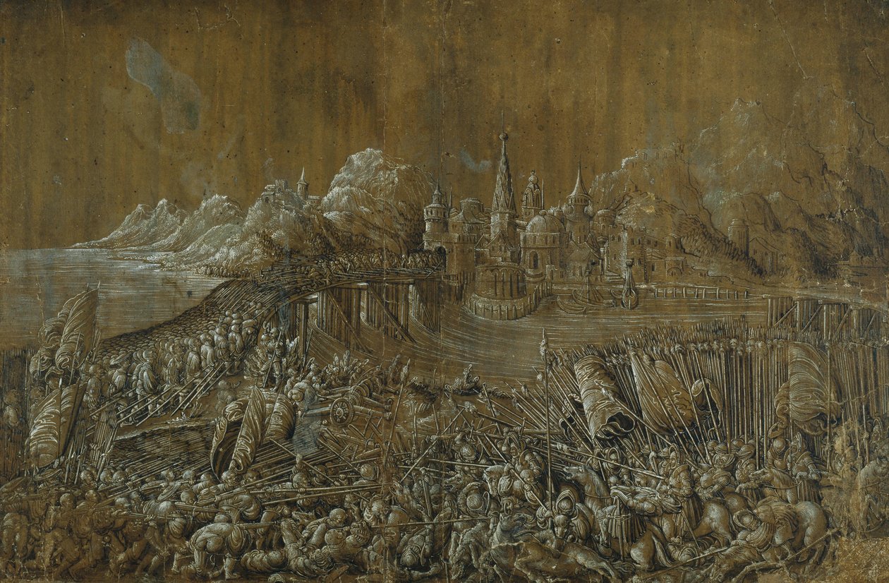 Landaknechten, Köprüde Savaş (kağıt üzerinde guaj ile kalem ve mürekkep) by Albrecht Altdorfer