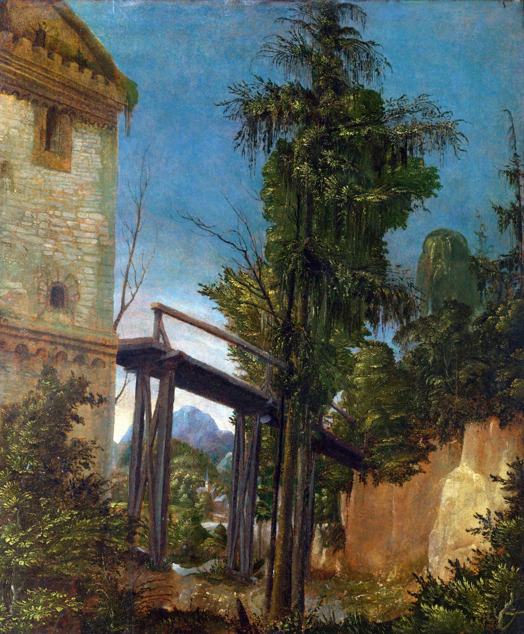 Bir yaya köprüsü ile manzara by Albrecht Altdorfer