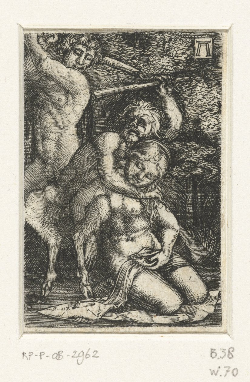 Satyr ve bir adam bir kadın için kavga ediyor by Albrecht Altdorfer