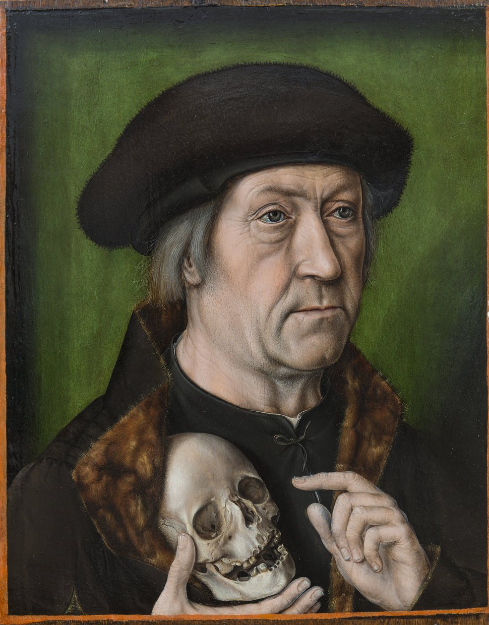 Otoportre avec un vinç - Kafatası ile Otoportre, Bouts, Aelbrecht (Albert) (1451/54-1549). Ahşap üzerine yağlı boya, c. 1520. Ebat : 42,6x33 cm. Muzeul Ulusal Brukenthal, Sibiu by Albrecht Bouts