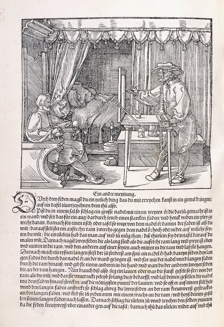 Çizim çerçevesi kullanarak portre çizen bir ressam, 1525 by Albrecht Dürer