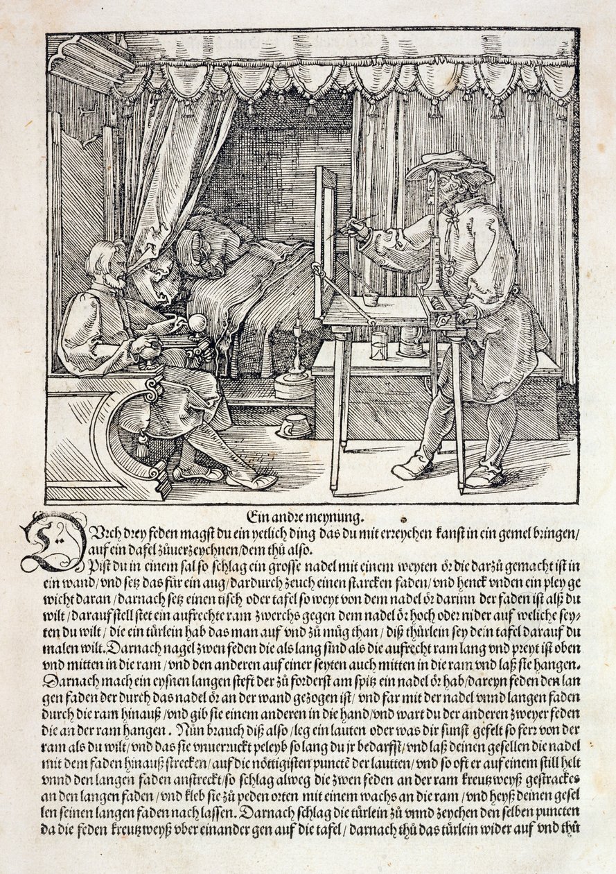 Bir figürü boyamak için Durer'in çizim makinesini kullanan sanatçı, Albrecht Durer'in 'Course in the Art of Drawing'den (Nürnberg 1525'e bakınız) (ayrıca bkz. 310983) by Albrecht Dürer