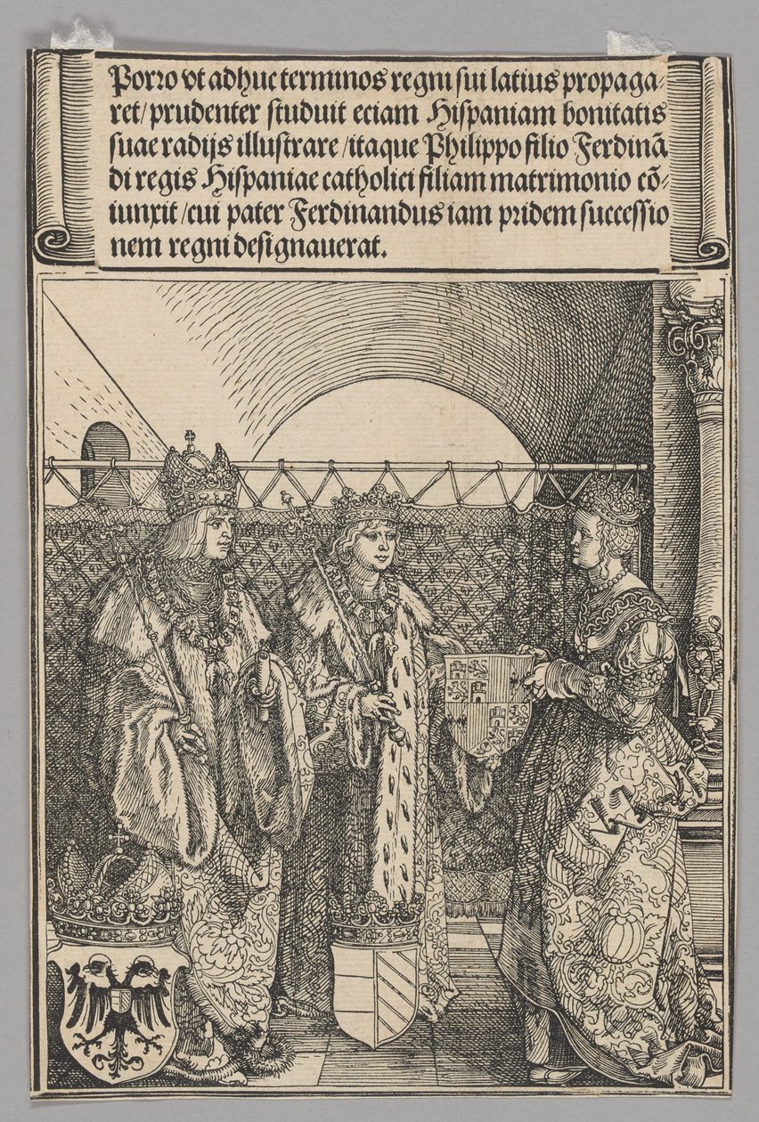 Phillipp'in Johanna ile Nişanı, Zafer Takı'ndan İmparator I. Maximilian'ın Hayatından Tarihsel Sahneler'den levha 15 by Albrecht Dürer