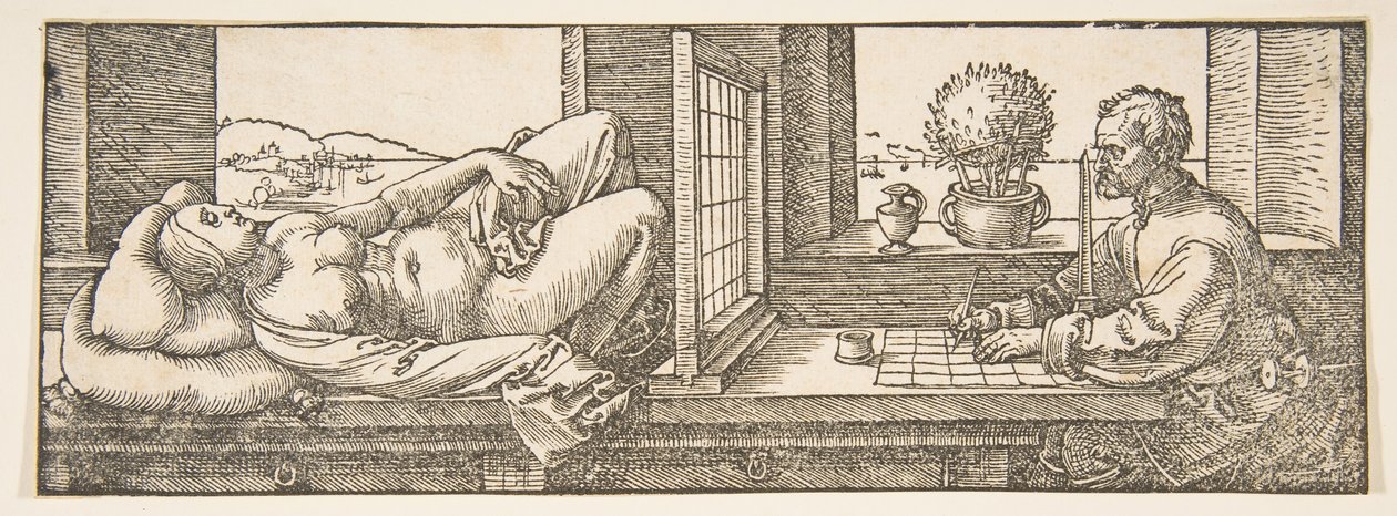 Yatan Bir Kadının Perspektif Çizimini Yapan Ressam, ca. 1600. by Albrecht Dürer