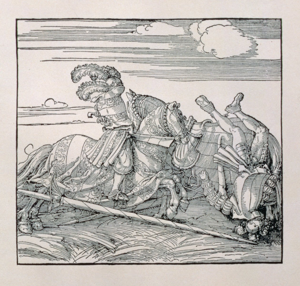 Almanya İmparatoru I. Maximilian (1459-1519), İmparatorların şövalyelik işlerini yücelten yayınlanmamış bir kitaptan bir mızrak dövüşünde rakibini tahtından indiriyor, c.1515 by Albrecht Dürer