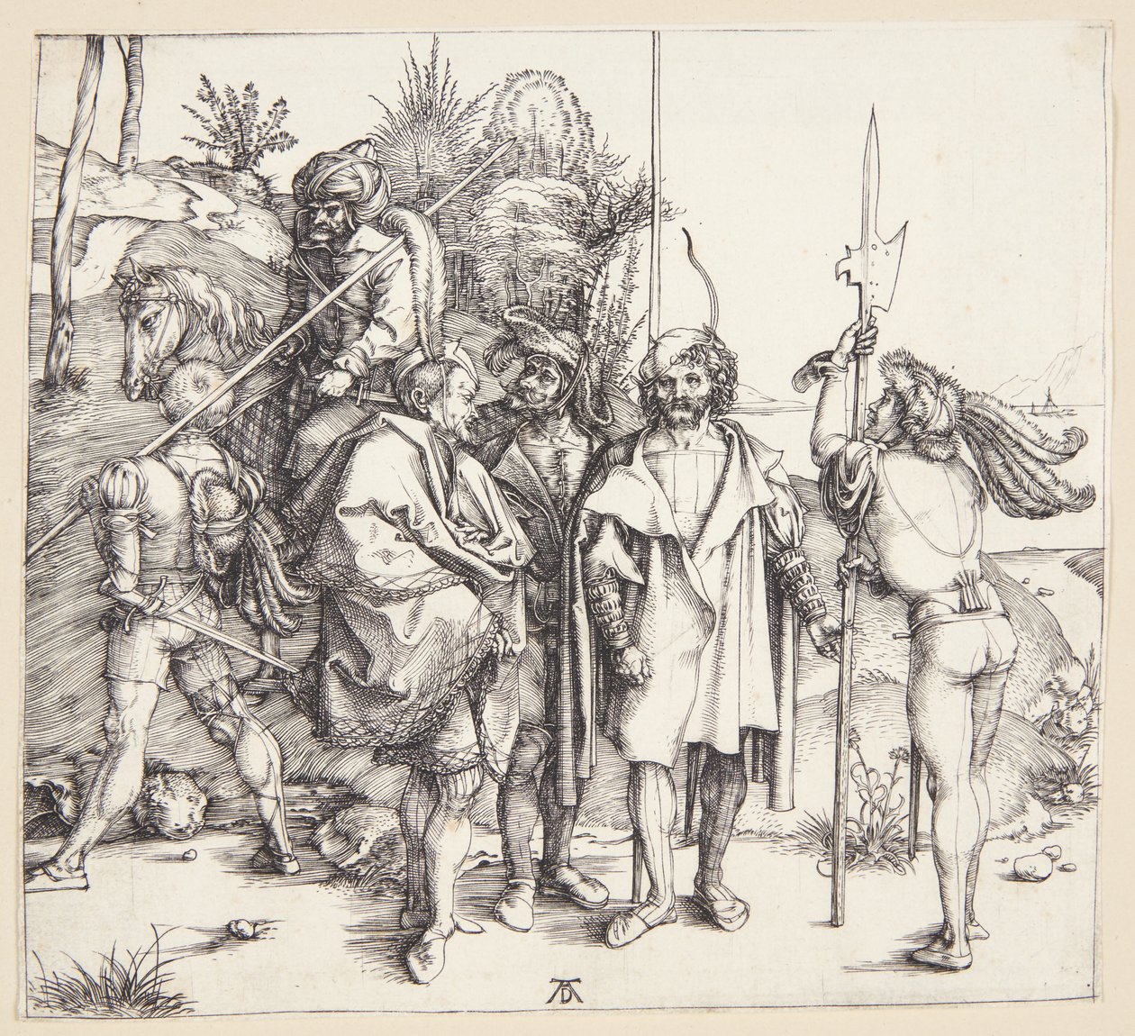 Beş lansquenets ve bir Doğulu at sırtında by Albrecht Dürer