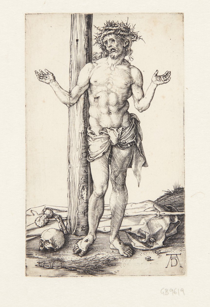 Üzüntülerin adamı ellerini kaldırmış by Albrecht Dürer