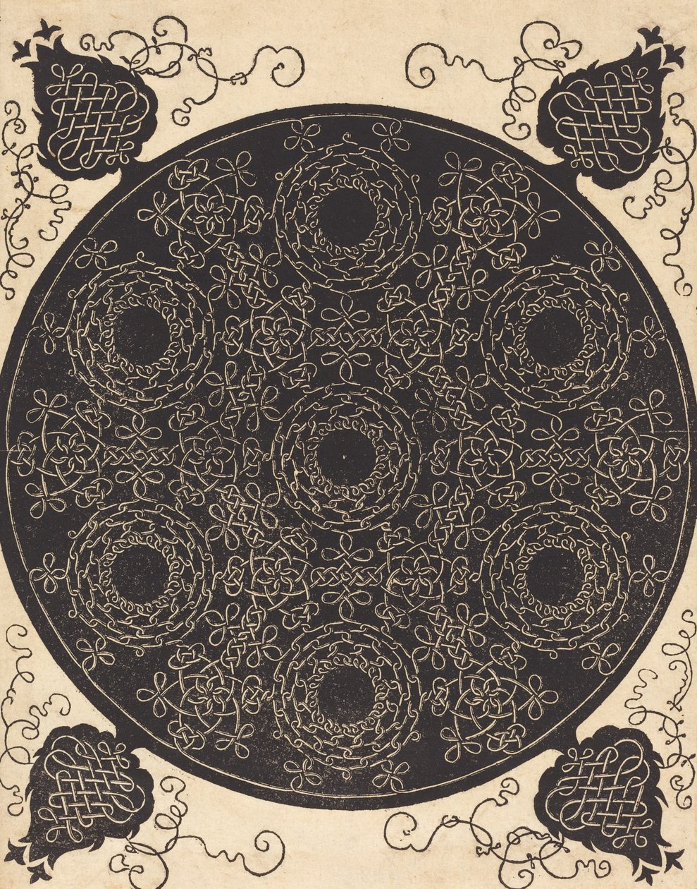 Dördüncü Düğüm, yedi dairesel düğüm grubunu siyah merkezlerle birleştiriyor, muhtemelen 15061507. by Albrecht Dürer