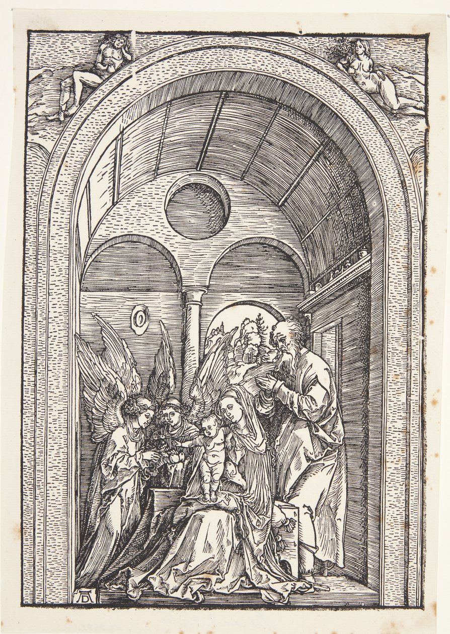 Tonozlu bir salonda iki melek ile Kutsal Aile by Albrecht Dürer