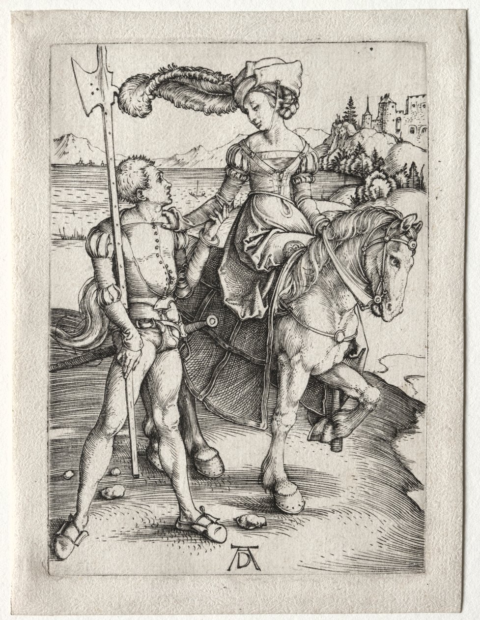 Lady Riding ve Landsknecht, c. 1497. by Albrecht Dürer