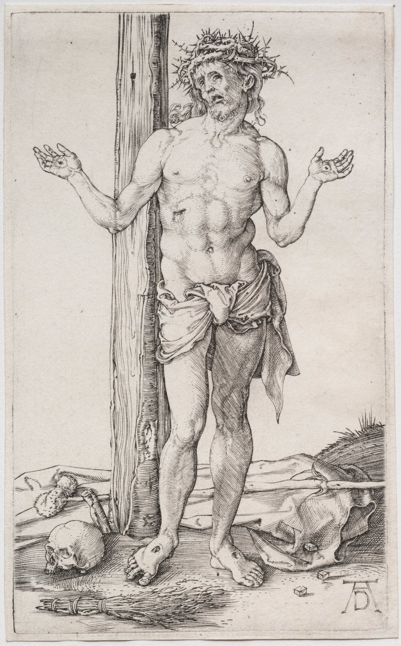 Üzüntülerin Adamı Ayakta, Ellerini Kaldırdı by Albrecht Dürer