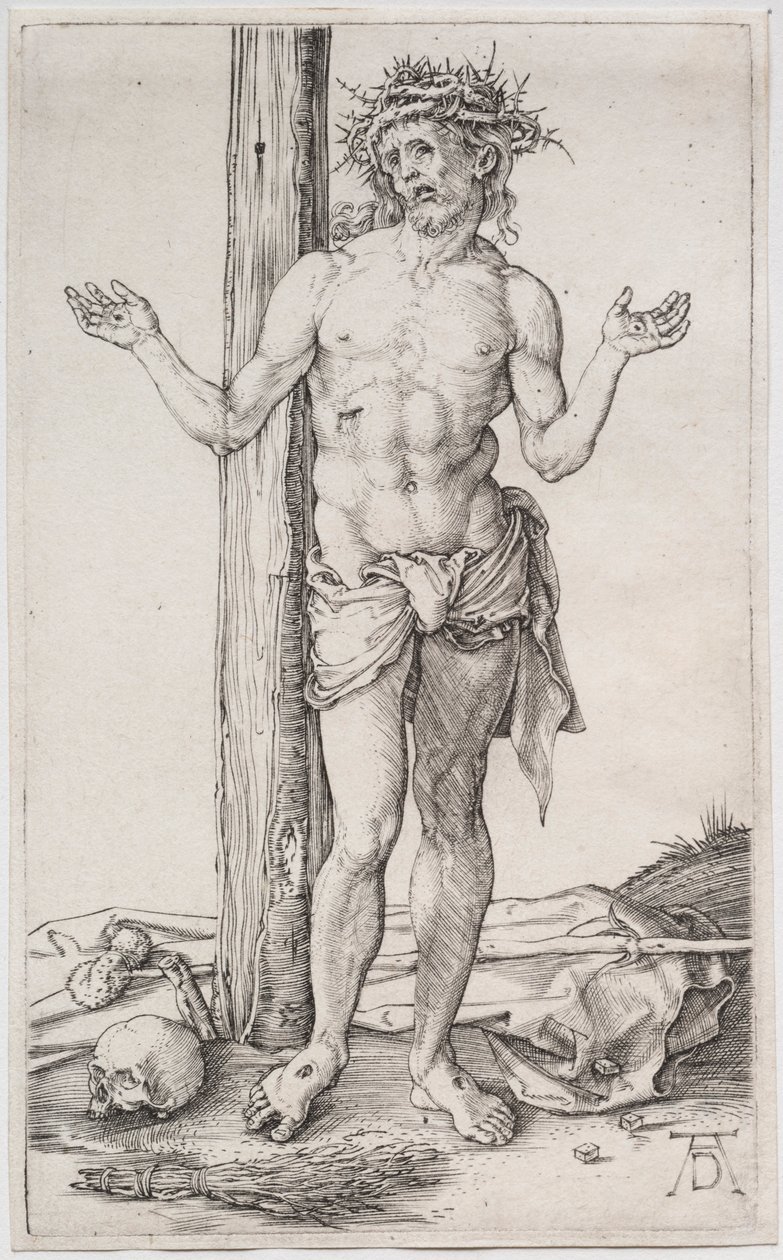 Acıların Adamı Ayakta, Elleri Kaldırılmış, c. 1500. by Albrecht Dürer