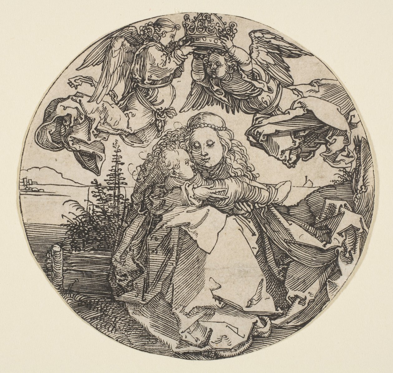 Bakire ve Çocuk İki Melek Tarafından Taçlandırılmış Bir Peyzaj manzarasının üzerinde, yaklaşık olarak. 1504. by Albrecht Dürer