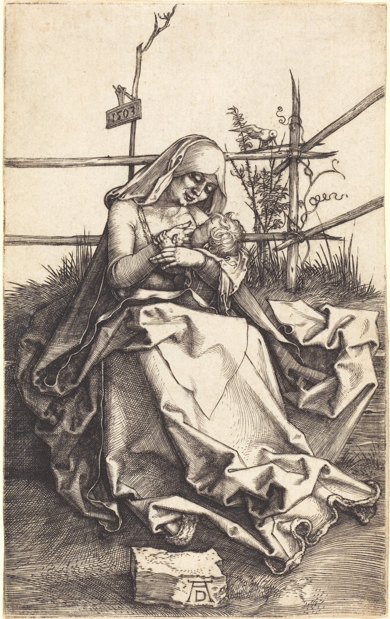 Çimenli Bir Bankta Bakire ve Çocuk by Albrecht Dürer
