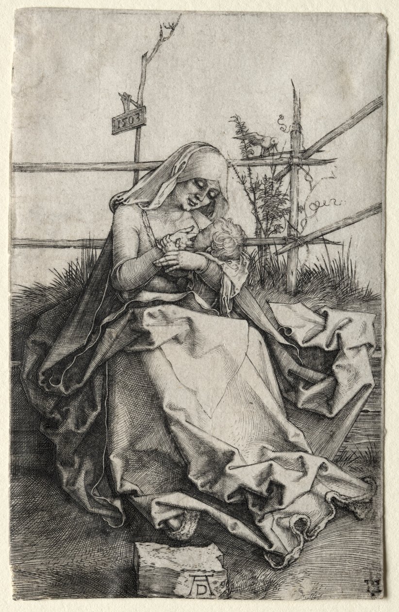 Çimenli Bir Bankta Bakire ve Çocuk by Albrecht Dürer