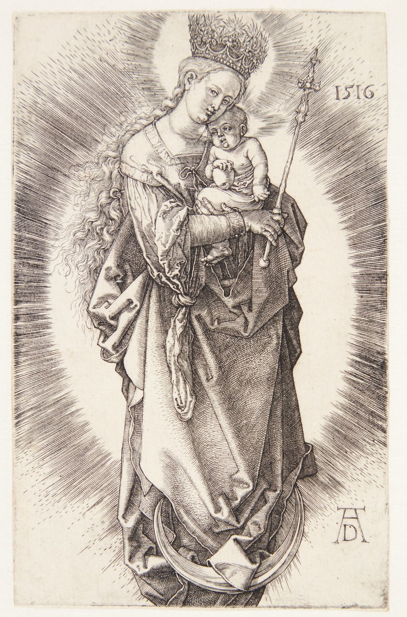 Bir hilal üzerindeki Bakire, yıldızlardan oluşan bir taç ve bir asa ile by Albrecht Dürer