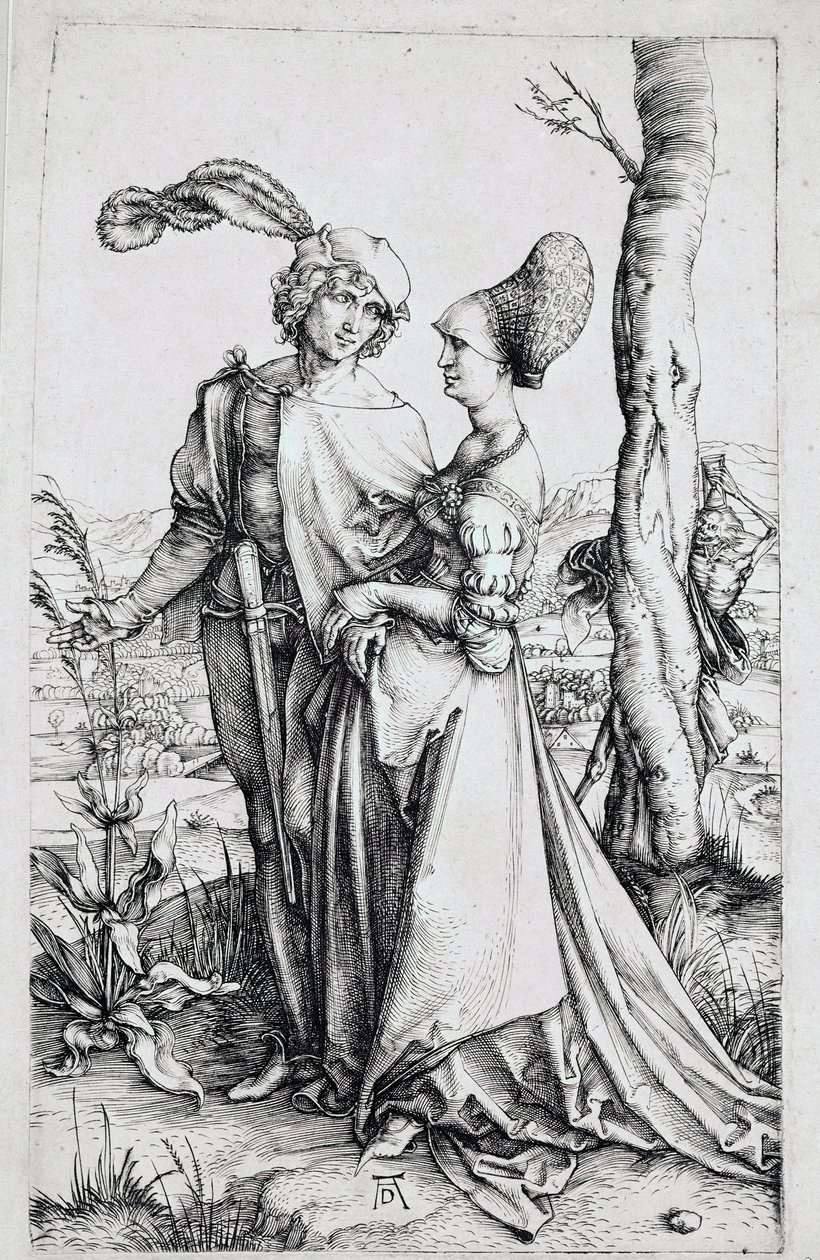 Bir ağacın arkasına gizlenmiş, bir kum saati tutan Ölüm tarafından izlenen yürüyen bir çift). Albrecht Durer (1471-1528) 1496-1498 Dim. 19x12 cm Berlin, gravür dolabı by Albrecht Dürer