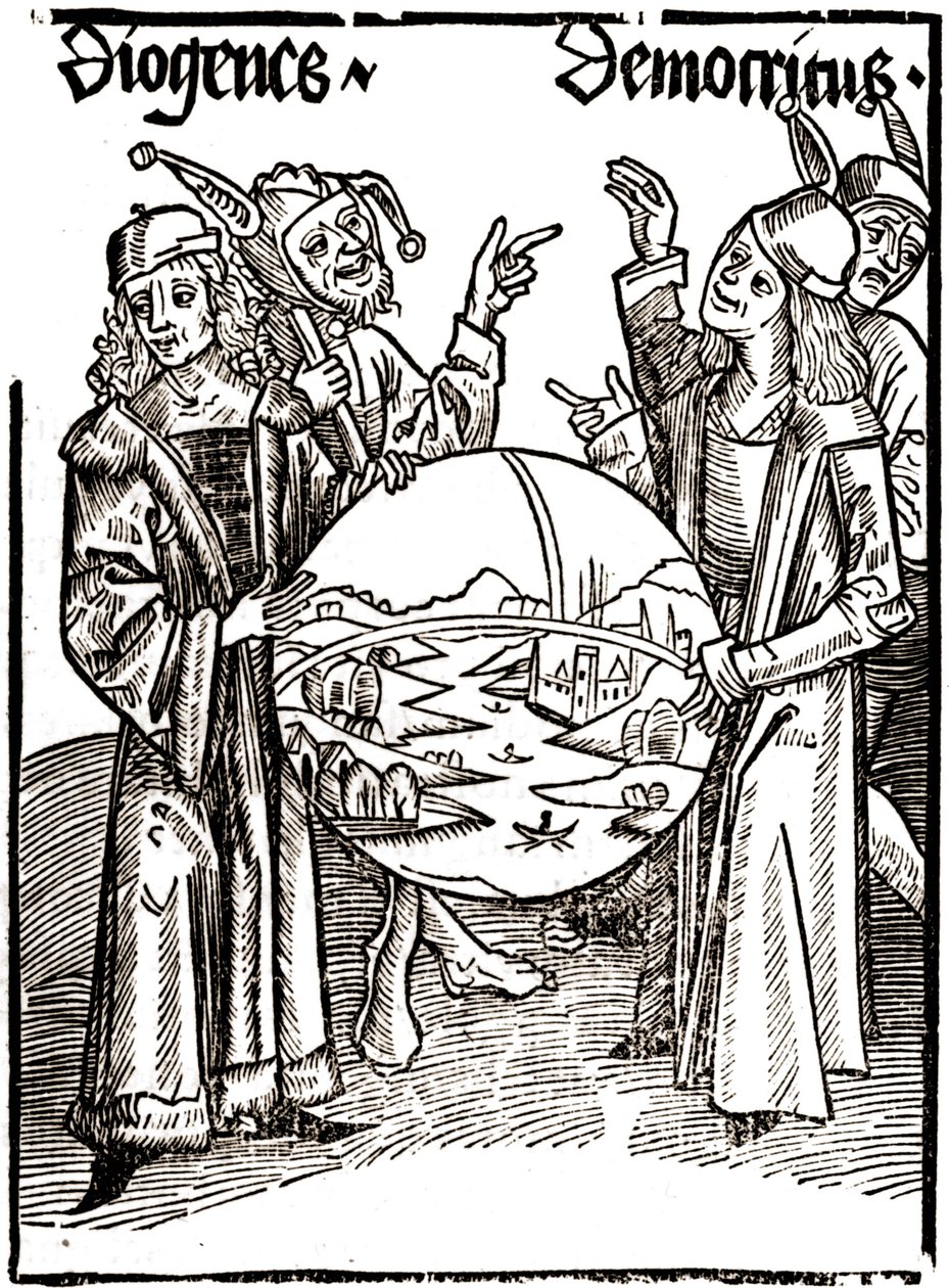 Diogenes (-413 - -327) ve Democritus (-460 - -370) - Sébastien Brandt (1458 - 1521) tarafından “” Das Narrenschif (Aptalların teknesi) ”de. Oymak. by Albrecht Dürer