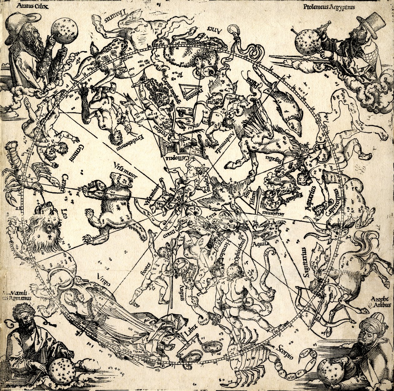 Imagines coeli Septentrionales cum duodecim imaginibus zodiaci, c.1510-c.20 (gravür) by Albrecht Dürer or Duerer