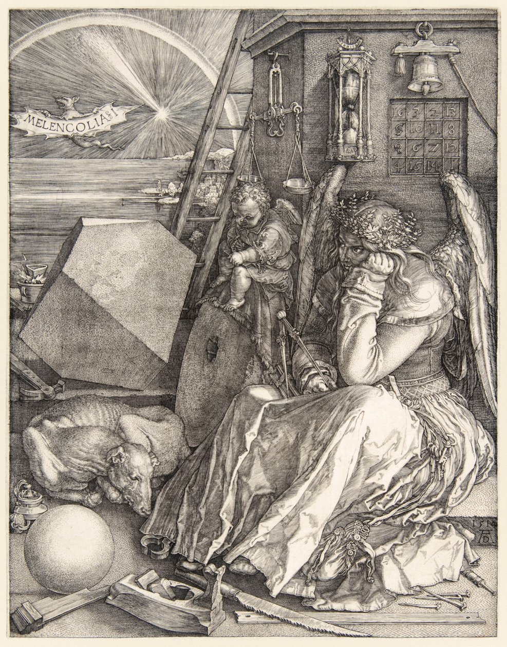 Albrecht Dürer (1471-1528) tarafından 1514'te tamamlanan 3 usta gravür üzerine Melencolia I. by Albrecht Dürer