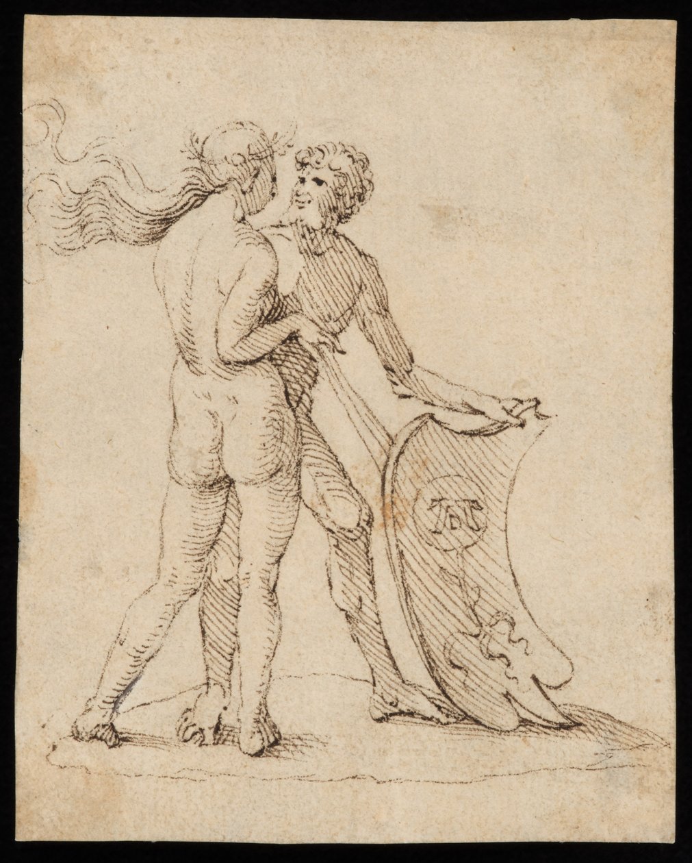 Willibald Pirckheimer'ın armasını taşıyan kalkanlı çıplak kadın ve adam by Albrecht Dürer