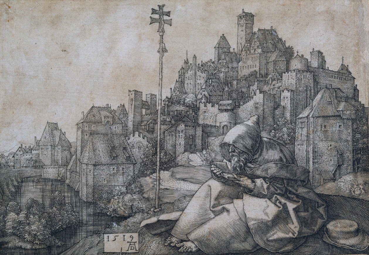Saint Anthony bir şehrin önünde oturuyor - Albrecht Durer