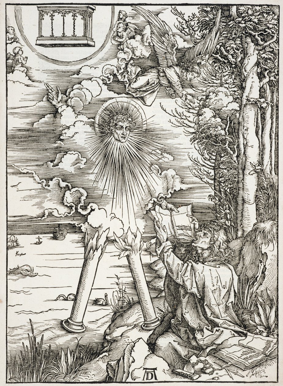 Kıyametten bir sahne, St. John Kitabı yiyip bitiriyor, Latin baskısı by Albrecht Dürer