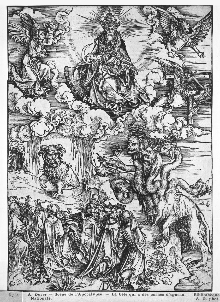 Kıyametten bir sahne, Yedi başlı ve on boynuzlu ejderha (tahta baskı) (s/b fotoğraf) by Albrecht Dürer