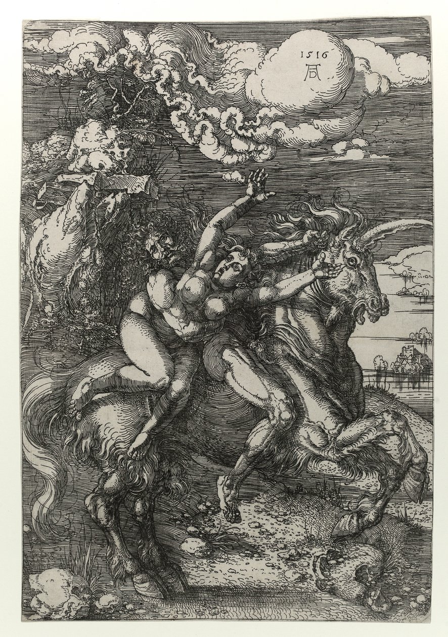 Tek boynuzlu at üzerinde kaçırma by Albrecht Dürer