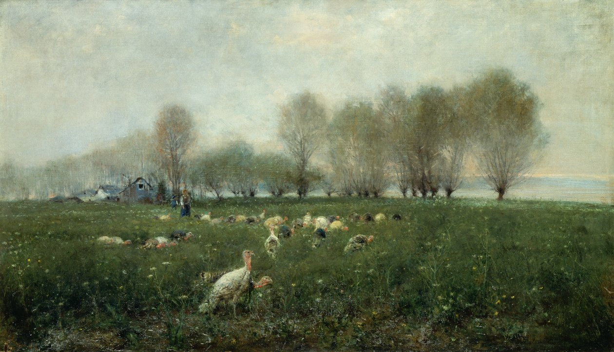 Gün batımında kırsal kesimde hindiler (tuval üzerine yağlı boya) by Alceste Campriani
