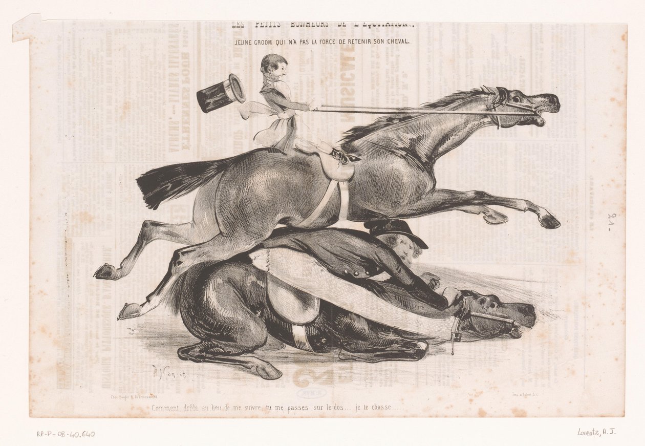 Genç adam atının kontrolünü kaybeder Jeune damat qui n'a pas la force de retenir son cheval (nesne üzerine başlık) Küçük binicilik zevkleri (dizi başlığı) Les petits bonheurs de l'équitation (nesne üzerine dizi başlığı) by Alcide Joseph Lorentz