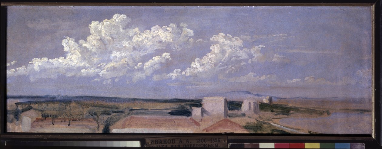 Deniz Kıyısında Bulutlar. Büyük beyaz bulutlar tarafından tepesinde sahil boyunca birkaç ev ile manzara. Alexander Andreyevich Ivanov (1806-1858), kağıt üzerine yağlı boya çalışması by Aleksandr Andreevich Ivanov