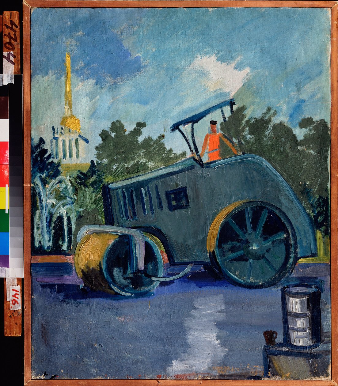 Asfalt kaplama. (Bir makine bir sokağa asfalt döşer). Resim Alexander Isaakovich Rusakov (1898-1952), tuval üzerine yağlı boya by Aleksandr Isaakovich Rusakov