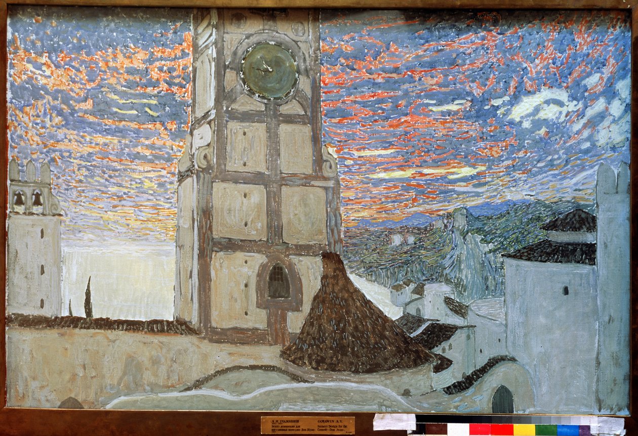 Sicilya Köyü, Molière tarafından Dom Juan için Sahne Tasarımı, 1910 (tuval üzerine tempera) by Aleksandr Jakovlevic Golovin