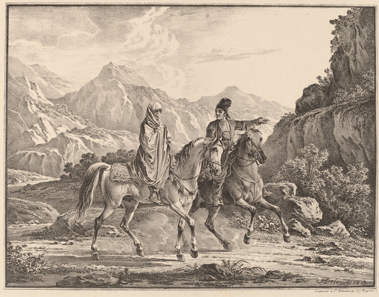 At sırtında erkek ve peçeli kadın by Aleksandr Osipovich Orlovskii
