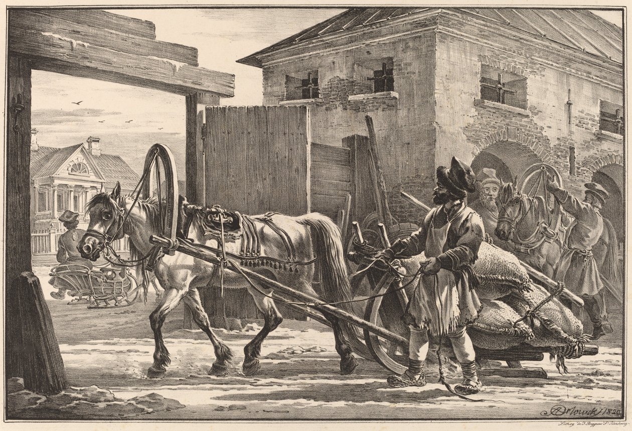 Bir Isvoschik tarafından yönetilen un yüklü kızak by Aleksandr Osipovich Orlovskii