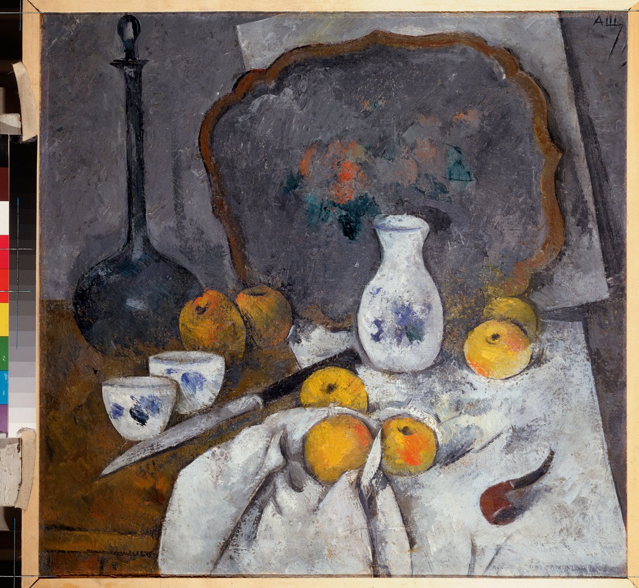 Sürahi ve boru ile natürmort (Ayrıca kumaş, bıçak ve tepsi üzerinde elma ile kompozisyon) - Bir sürahi ve bir boru ile natürmort - Alexander Vasilyevich Shevchenko (Alexander Chevtchenko) (1883-1948), karton üzerine yağ by Aleksandr Vasilievich Shevchenko