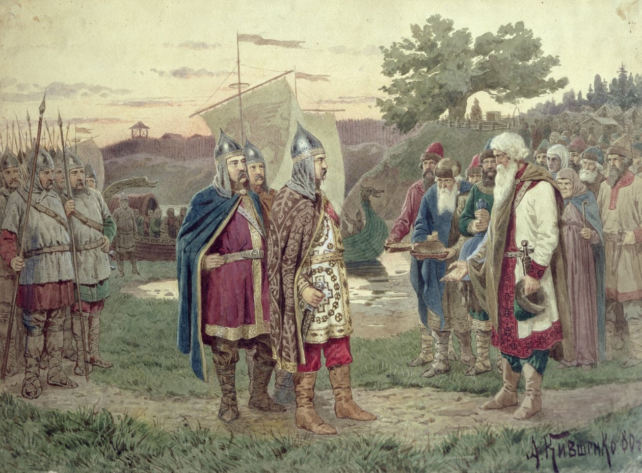 9. yüzyılda bir Slav Kasabası Halkıyla Büyük Dük Buluşması, 1880 by Aleksei Danilovich Kivshenko