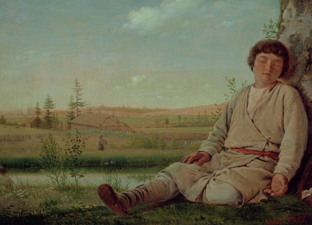 ಸ್ಲೀಪಿಂಗ್ ಶೆಫರ್ಡ್ ಬಾಯ್, 1823-26 (ಪ್ಯಾನಲ್) ಟರ್ಕ್ by Aleksei Gavrilovich Venetsianov