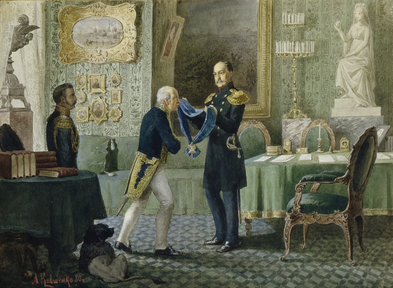 İmparator I. Nicholas, Kont Michail Speransky'ye St. Andrew Nişanı'nın mavi kurdelesini veriyor, 1880 by Aleksei Danilovich Kivshenko