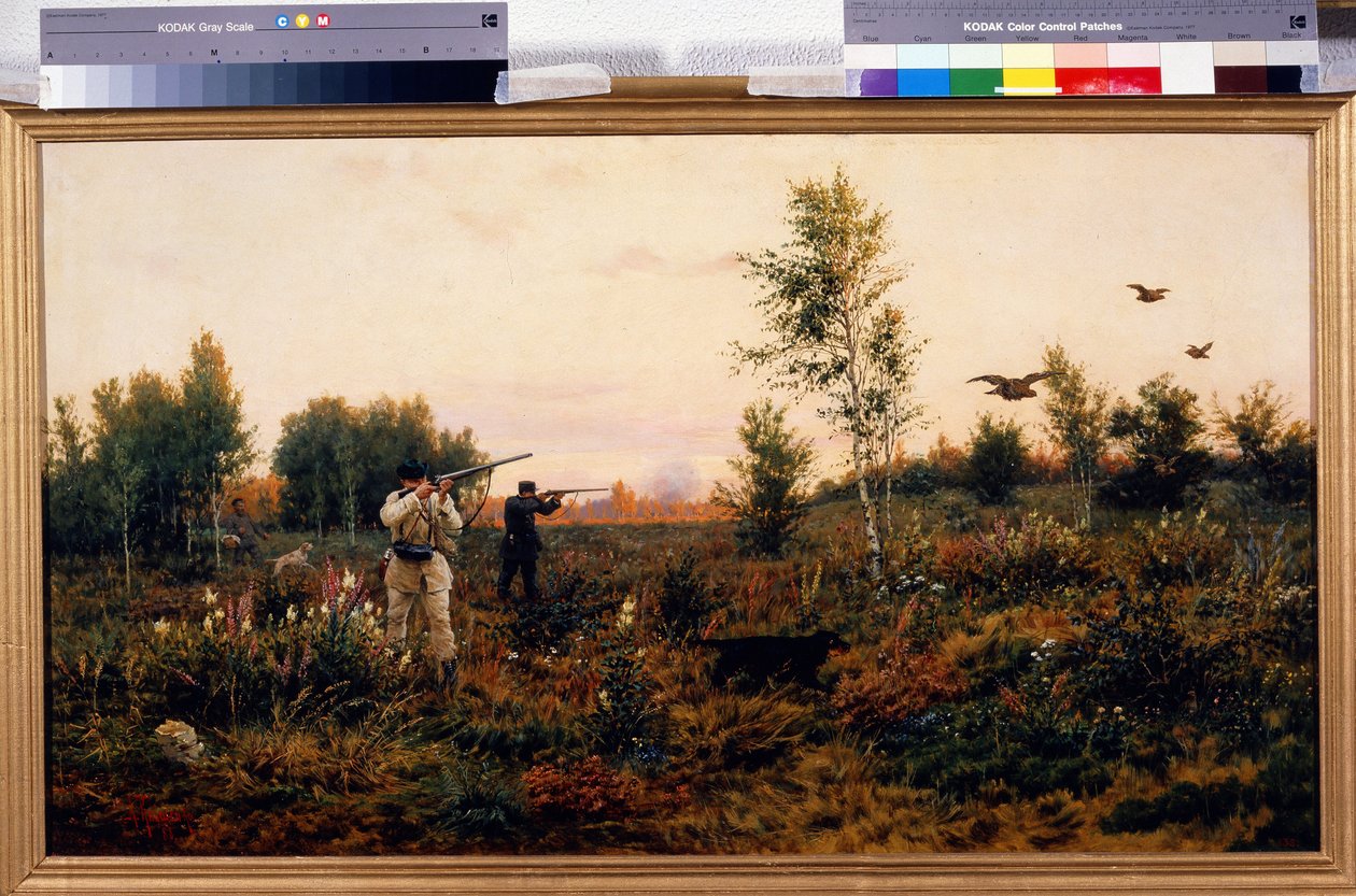 Blackcock Atış. Av sahnesi. Alexei Danilovich Kivshenko (1851-1895), tuval üzerine yağlı boya tablosu by Aleksei Danilovich Kivshenko