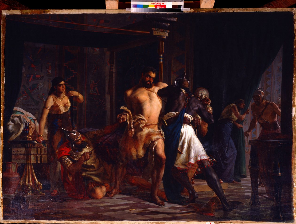 Samson ve Delilah (Samson ve Delilah). Bir kısmı bir makasla yerde yatan Filistinli askerler tarafından odasında saldırıya uğrayan İncil kahramanı, Samson