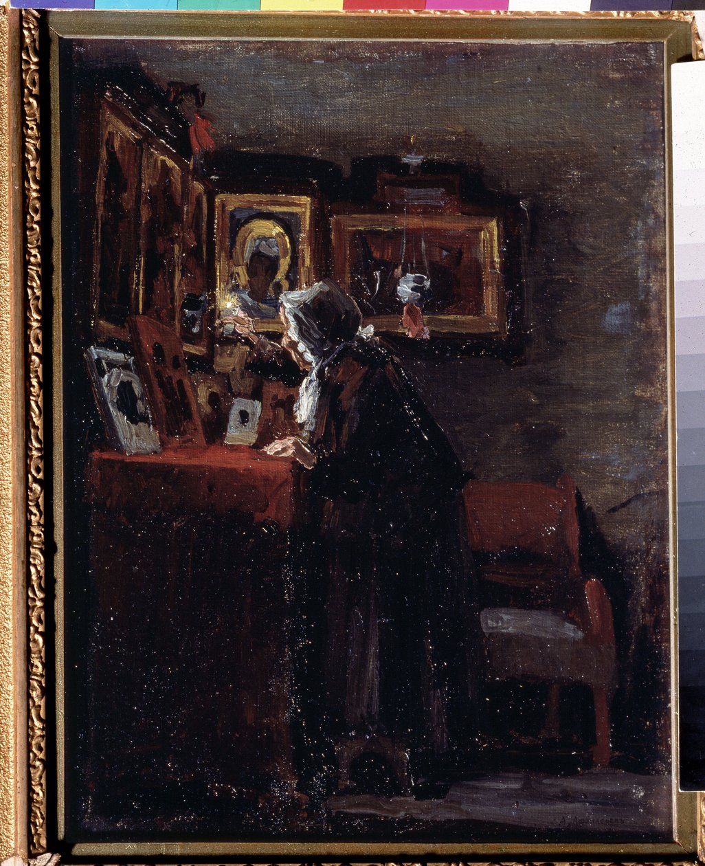 Dini bayram öncesi (Dini bayram öncesi) - Tablo Aleksei Fyodorovich Afanasyev (Alexis Afanasyev) (1850-1920) - Tuval üzerine yağlı boya, 41 x 31.5 cm by Aleksei Fyodorovich Afanasyev