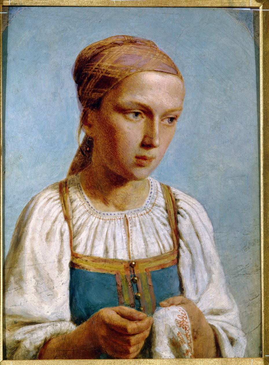 Ülke nakışçı. (Nakışlı Köylü Kız). Geleneksel Rus elbisesi giyen, elinde iğne ve iş tutan genç bir kızın portresi. Alexei (Alexis) Gavrilovich Venetsianov (1780-1847), karton üzerine yağlı boya çalışması by Aleksei Gavrilovich Venetsianov