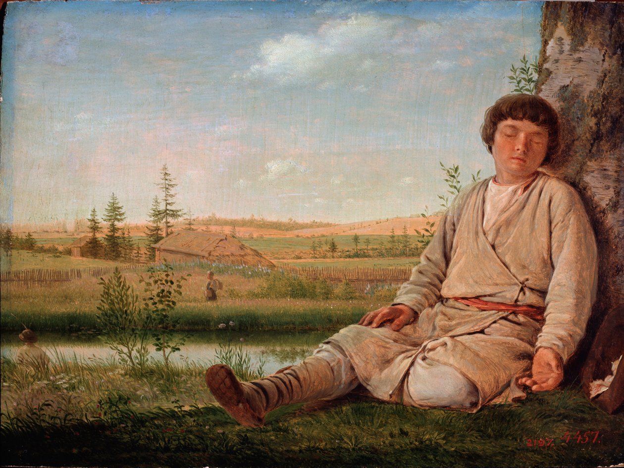Garcon berger endormi (Uyuyan Çoban çocuğu) - Peinture de Alexey Gavrilovich Venetsianov (1780-1847), huile sur toile by Aleksei Gavrilovich Venetsianov