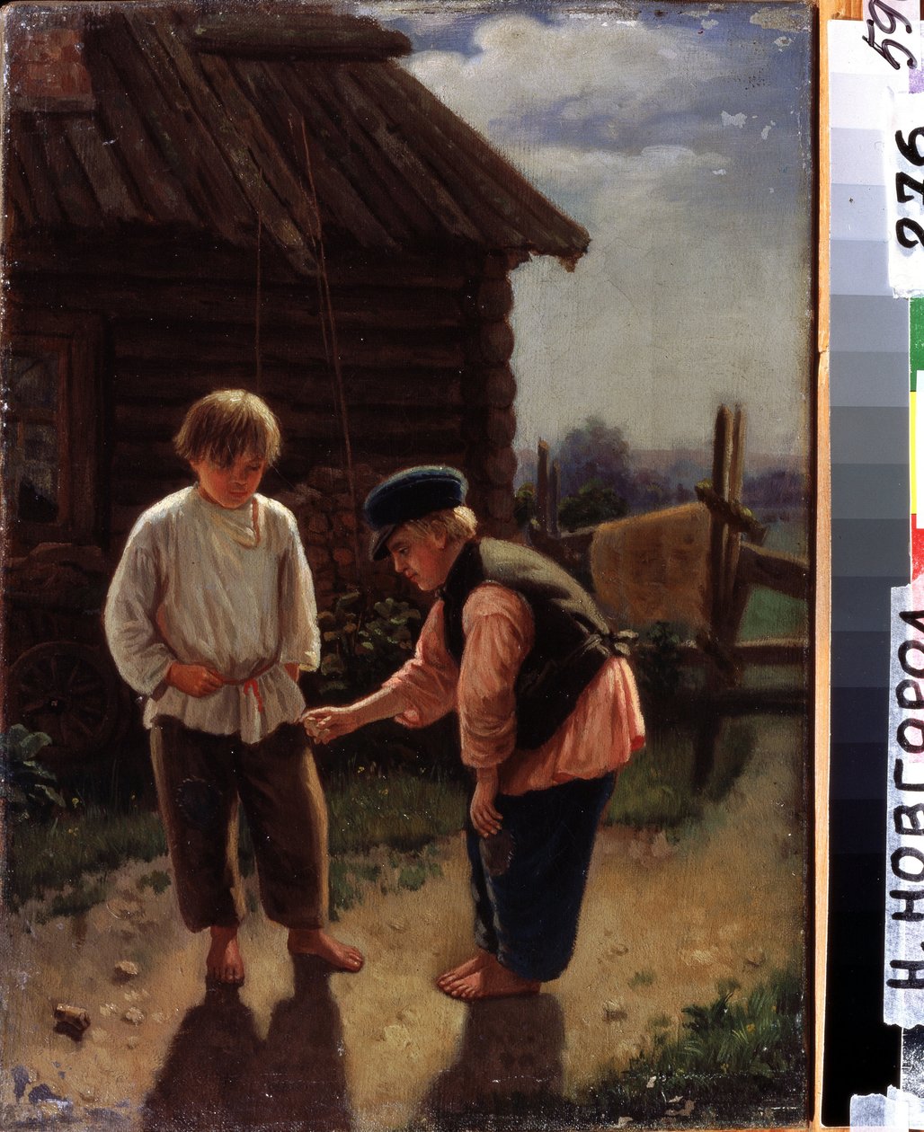 Knucklebones oynayın. İki yalınayak çocuk, kırsal kesimde bir ahşap evin önündeki bahçede oynuyor. Alexei Ivanovich Korzukhin (1835-1894), tuval üzerine yağlı boya tablosu. 19. yüzyıl Rus sanatı. Devlet Sanat Müzesi, Nizhny Novgorod (R by Aleksei Ivanovich Korzukhin