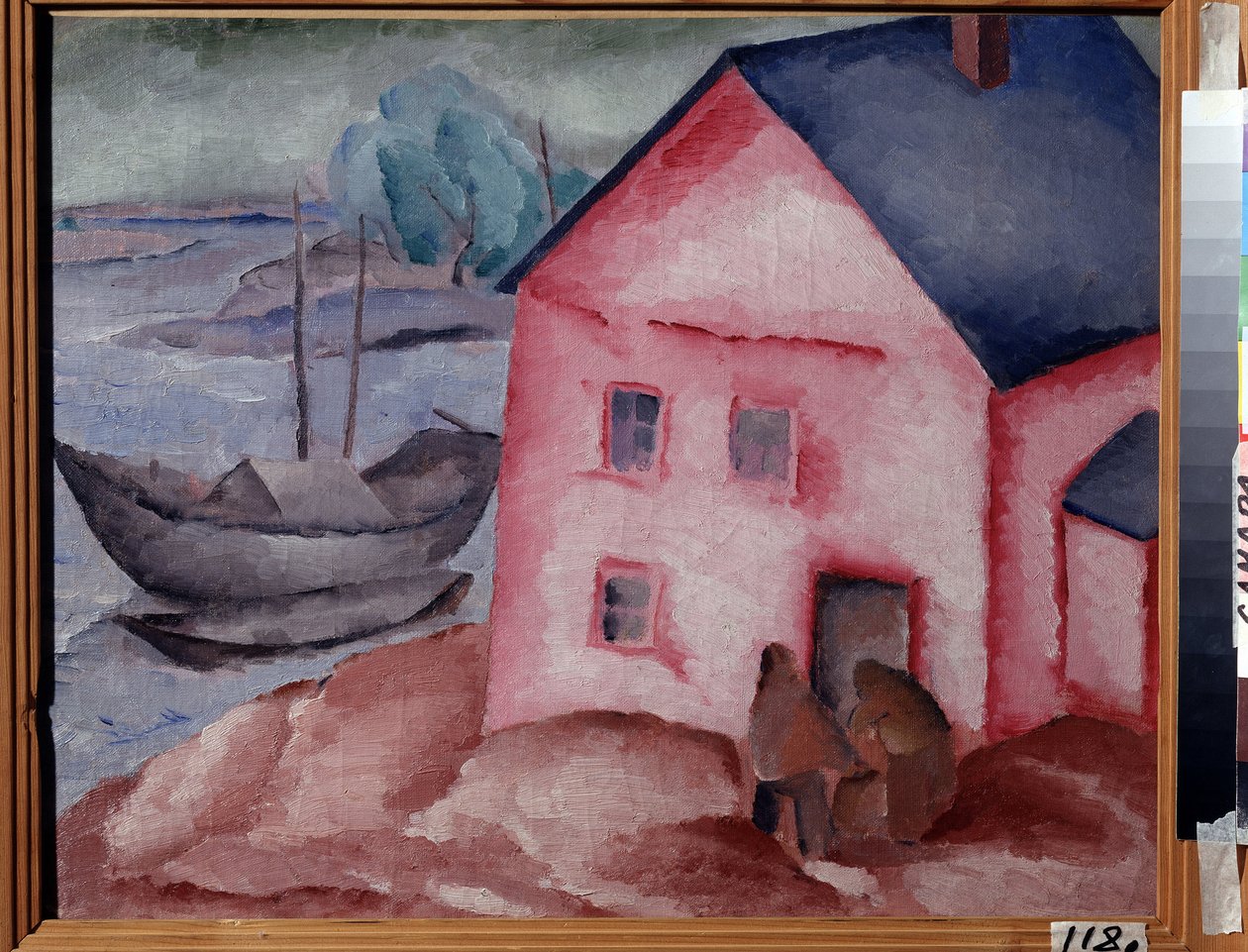 Nehrin yanında pembe bir ev (Nehirdeki Pembe Ev). Bir çift, bir tekne ve demirli bir tekneyle. Alexei Ilyich Kravchenko