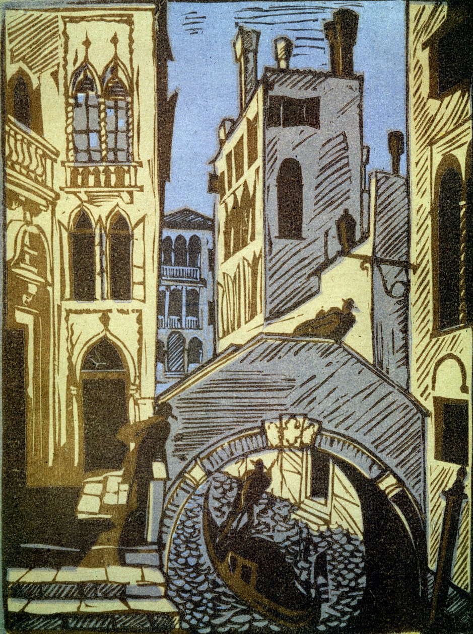 Venedik, İtalya (Venedik). Kanal, gondol, köprü ve şehrin cepheleri. Alexei Ilyich Kravchenko (1889-1940), gravür çalışması. Rus sanatı, 19.-20. yüzyıl manzarası. Devlet Tretyakov Galerisi, Moskova. (Rusya). by Aleksey Kravchenko